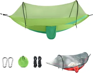 Outdoor Camping Nylon Hammock with Mosquito Net, No Installation Required, Anti-Rollover Design, Includes Support Poles