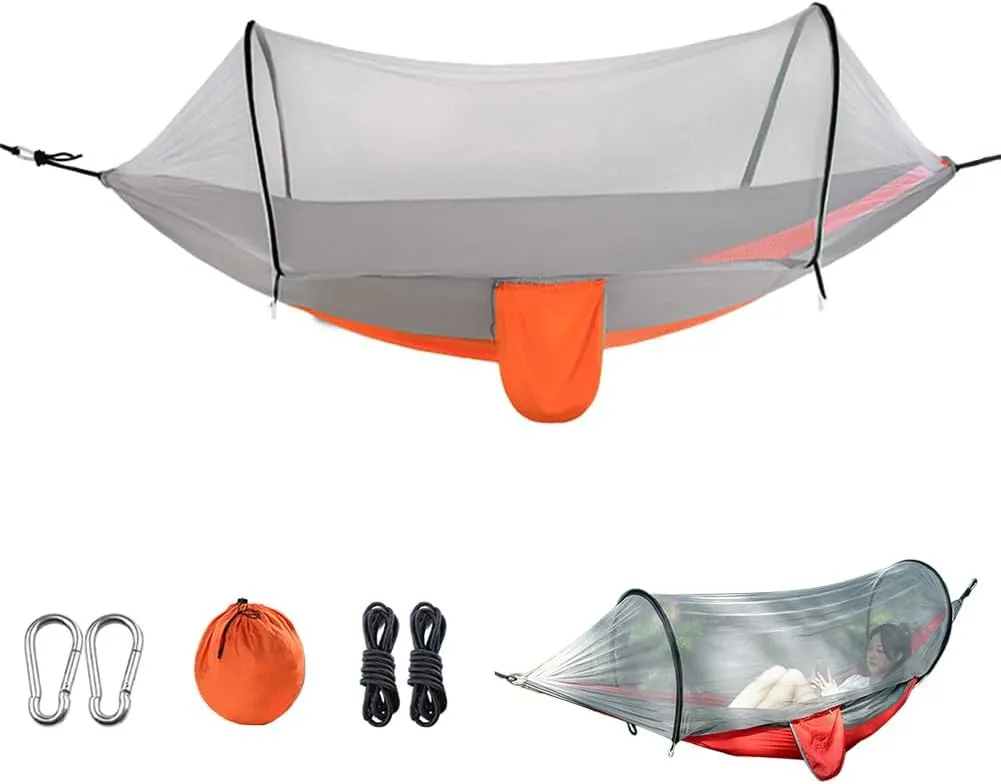 Outdoor Camping Nylon Hammock with Mosquito Net, No Installation Required, Anti-Rollover Design, Includes Support Poles