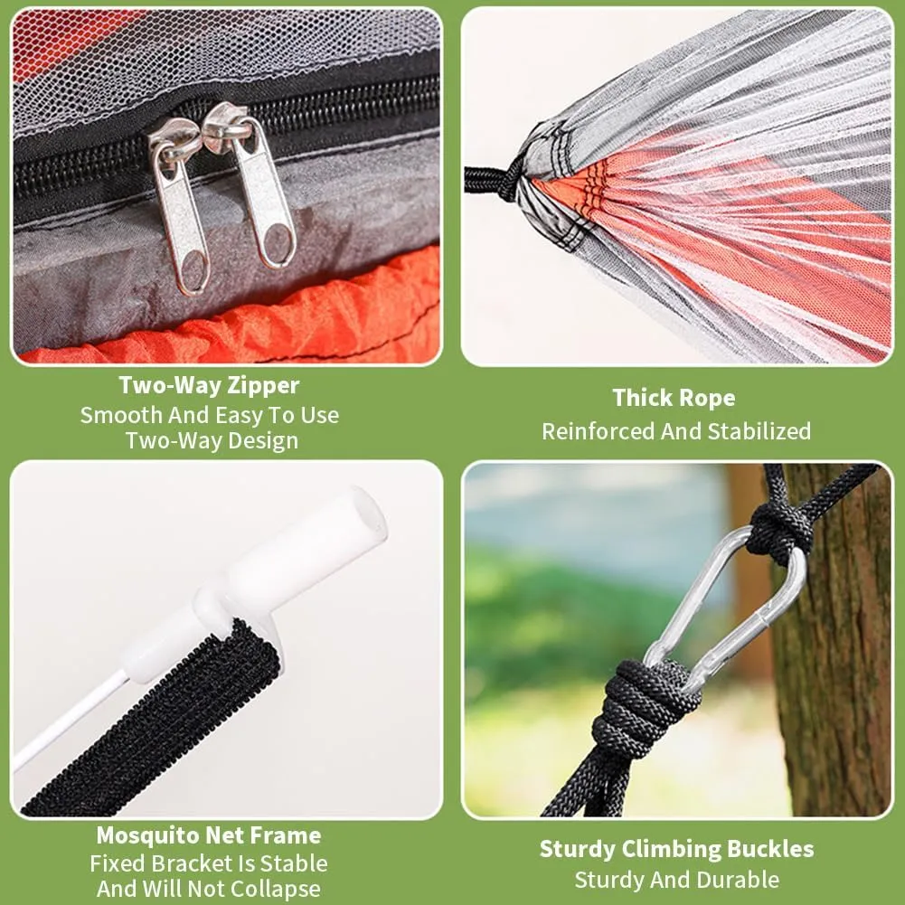 Outdoor Camping Nylon Hammock with Mosquito Net, No Installation Required, Anti-Rollover Design, Includes Support Poles