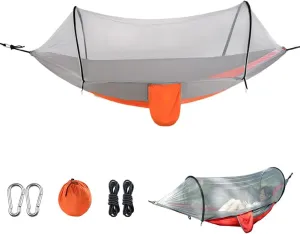 Outdoor Camping Nylon Hammock with Mosquito Net, No Installation Required, Anti-Rollover Design, Includes Support Poles