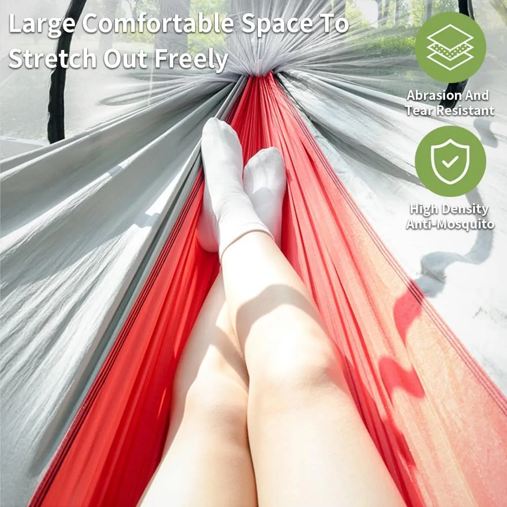 Outdoor Camping Nylon Hammock with Mosquito Net, No Installation Required, Anti-Rollover Design, Includes Support Poles