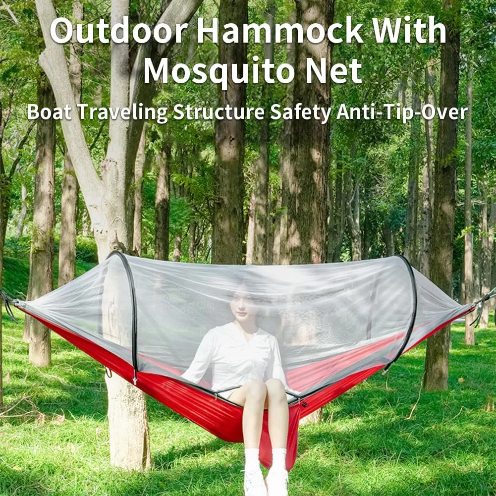 Outdoor Camping Nylon Hammock with Mosquito Net, No Installation Required, Anti-Rollover Design, Includes Support Poles