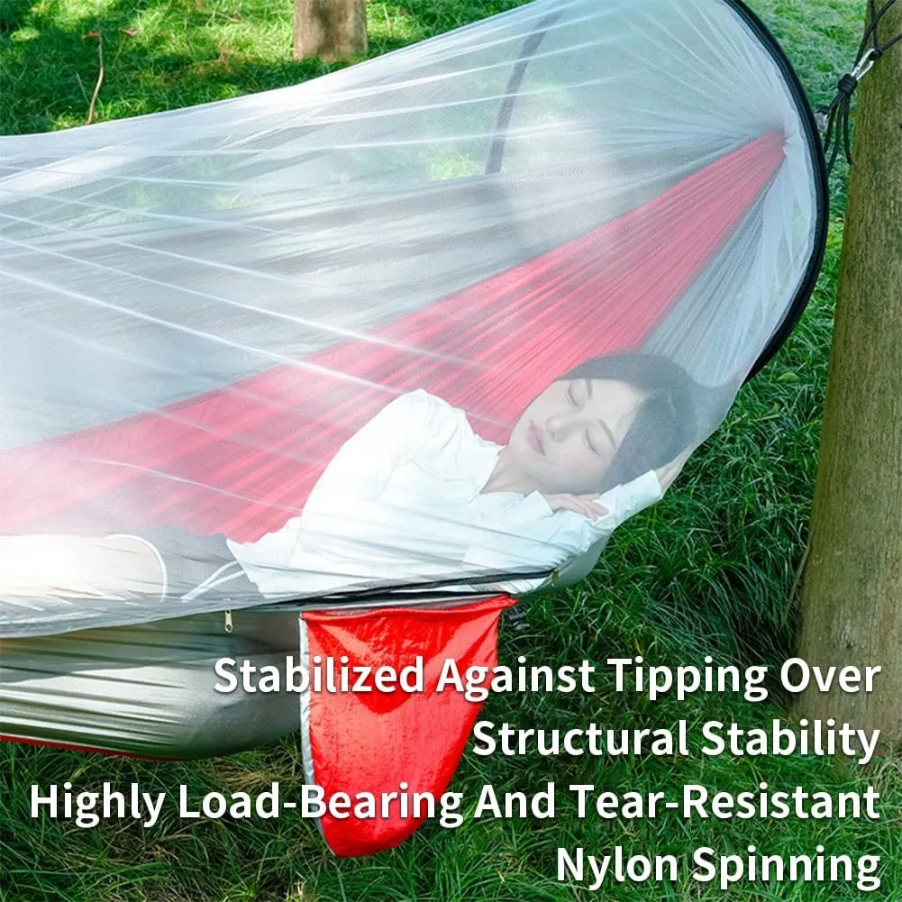 Outdoor Camping Nylon Hammock with Mosquito Net, No Installation Required, Anti-Rollover Design, Includes Support Poles