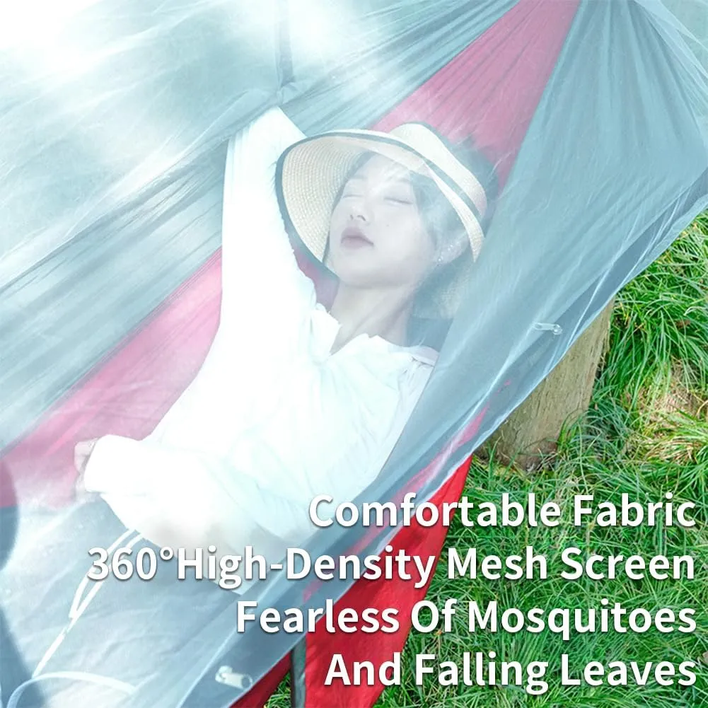 Outdoor Camping Nylon Hammock with Mosquito Net, No Installation Required, Anti-Rollover Design, Includes Support Poles