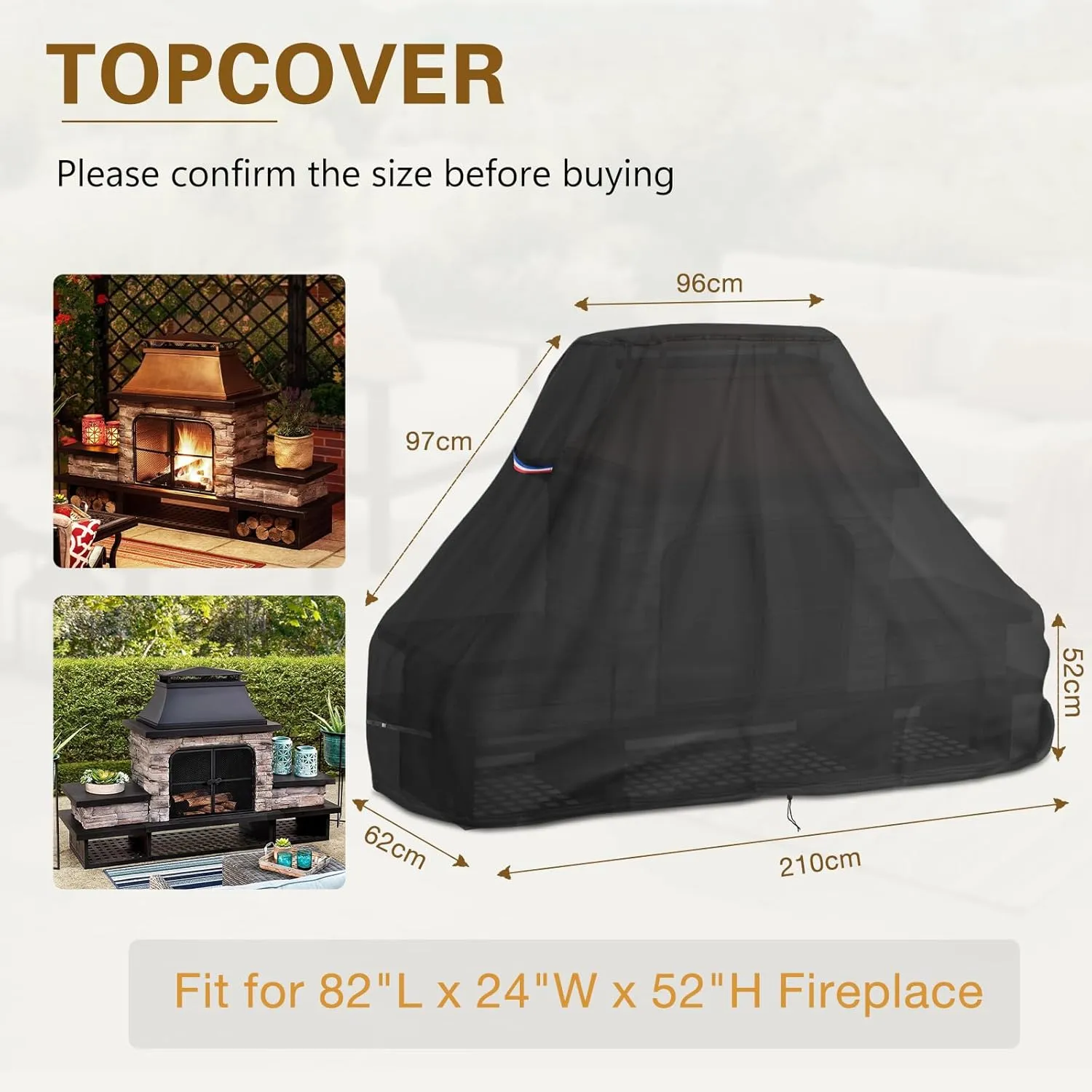 Outdoor Fireplace Cover, Heavy Duty Waterproof 82inch Tall Patio Wood Burning Fireplaces Cover - 82"L x 24"W x 52"H