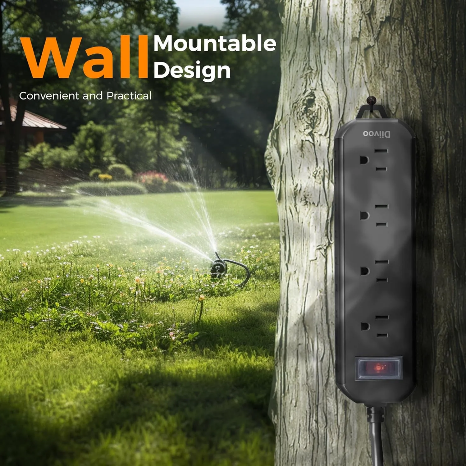 Outdoor Power Strip Weatherproof, 50 FT Extension Cord, Diivoo Waterproof Surge Protector with 4 Outlets, 1250W Shockproof Overload Protection, Flat Plug, Wall Mountable, Black