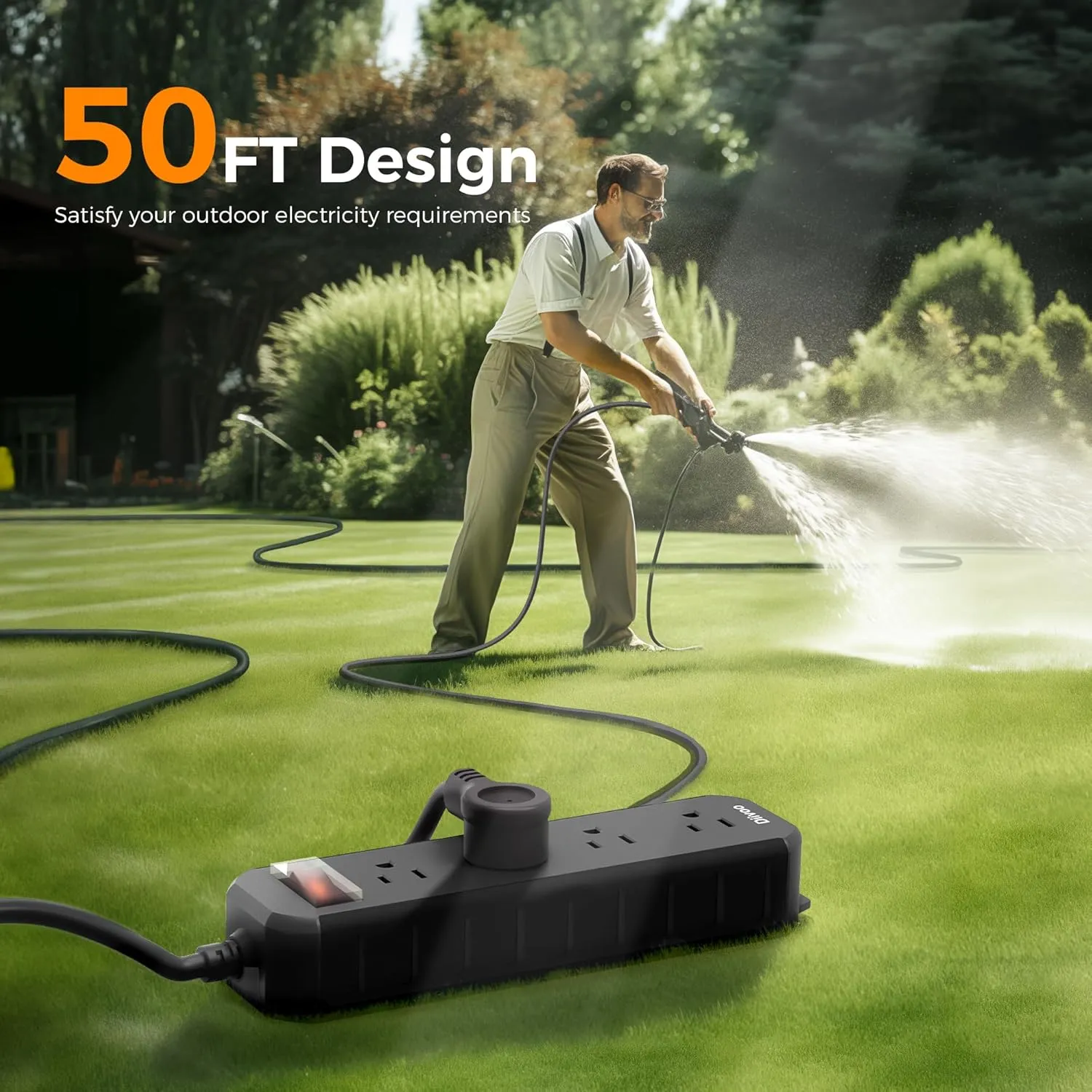Outdoor Power Strip Weatherproof, 50 FT Extension Cord, Diivoo Waterproof Surge Protector with 4 Outlets, 1250W Shockproof Overload Protection, Flat Plug, Wall Mountable, Black