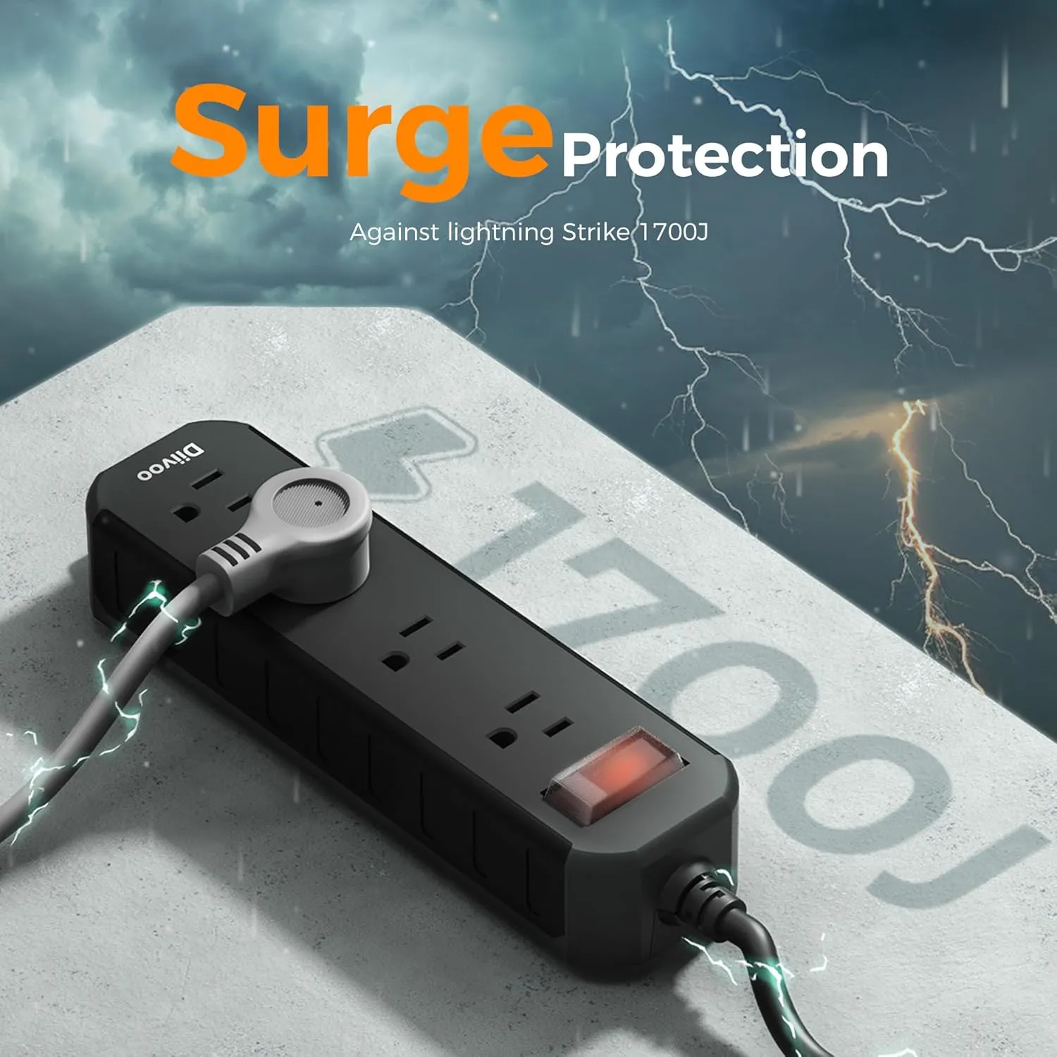 Outdoor Power Strip Weatherproof, 50 FT Extension Cord, Diivoo Waterproof Surge Protector with 4 Outlets, 1250W Shockproof Overload Protection, Flat Plug, Wall Mountable, Black