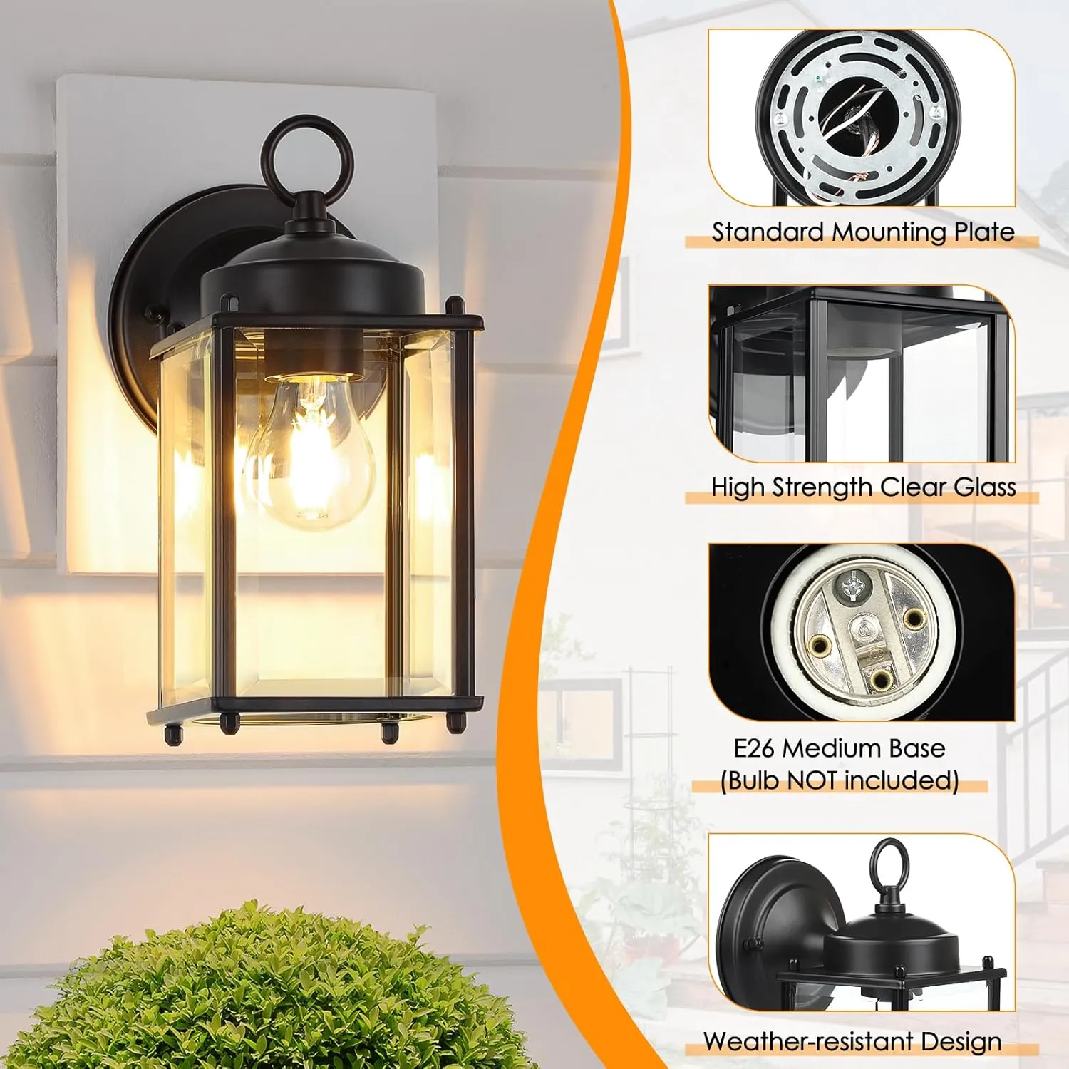 Outdoor Wall Lantern, Exterior Waterproof Wall Sconce Light Fixtures, Black Front Door Lighting, Anti-Rust E26 Socket Porch Lamp, 2 Pack