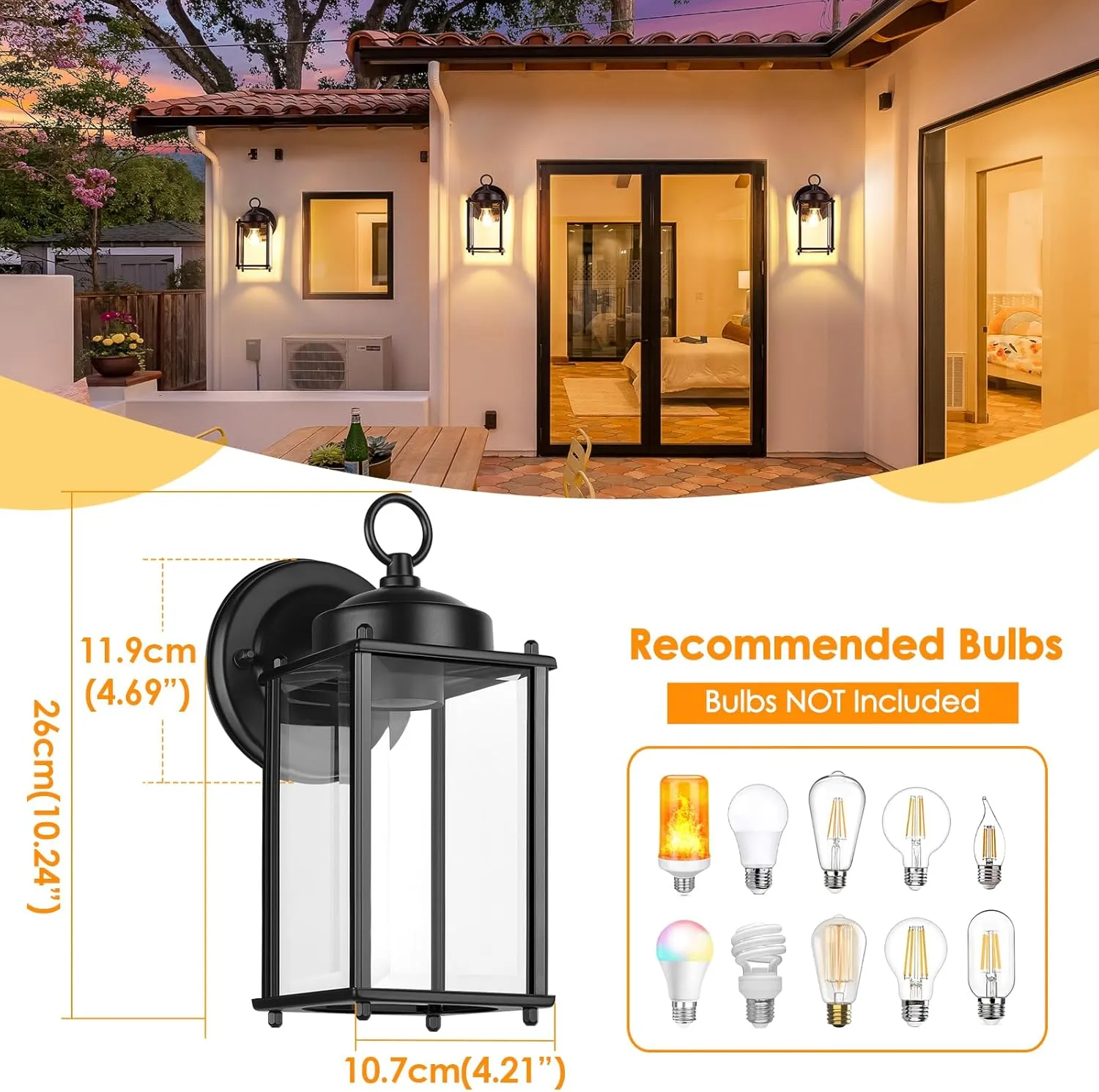 Outdoor Wall Lantern, Exterior Waterproof Wall Sconce Light Fixtures, Black Front Door Lighting, Anti-Rust E26 Socket Porch Lamp, 2 Pack