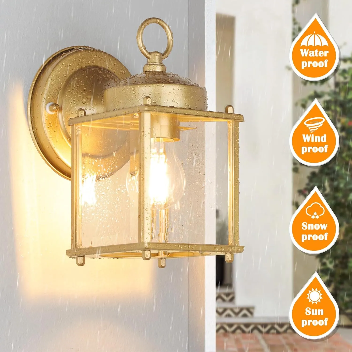 Outdoor Wall Lantern, Exterior Waterproof Wall Sconce Light Fixtures, Gold Front Door Wall Lighting with Clear Beveled Glass Shade, 2 Pack