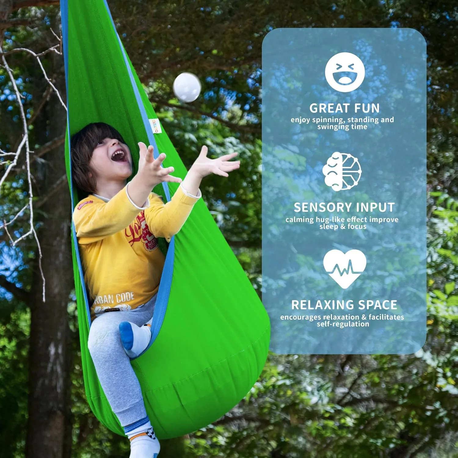 OUTREE Kids Pod Swing Seat, Cotton Child Hammock Swing Chair, Sensory Swing for Indoor and Outdoor Use, Green and Blue