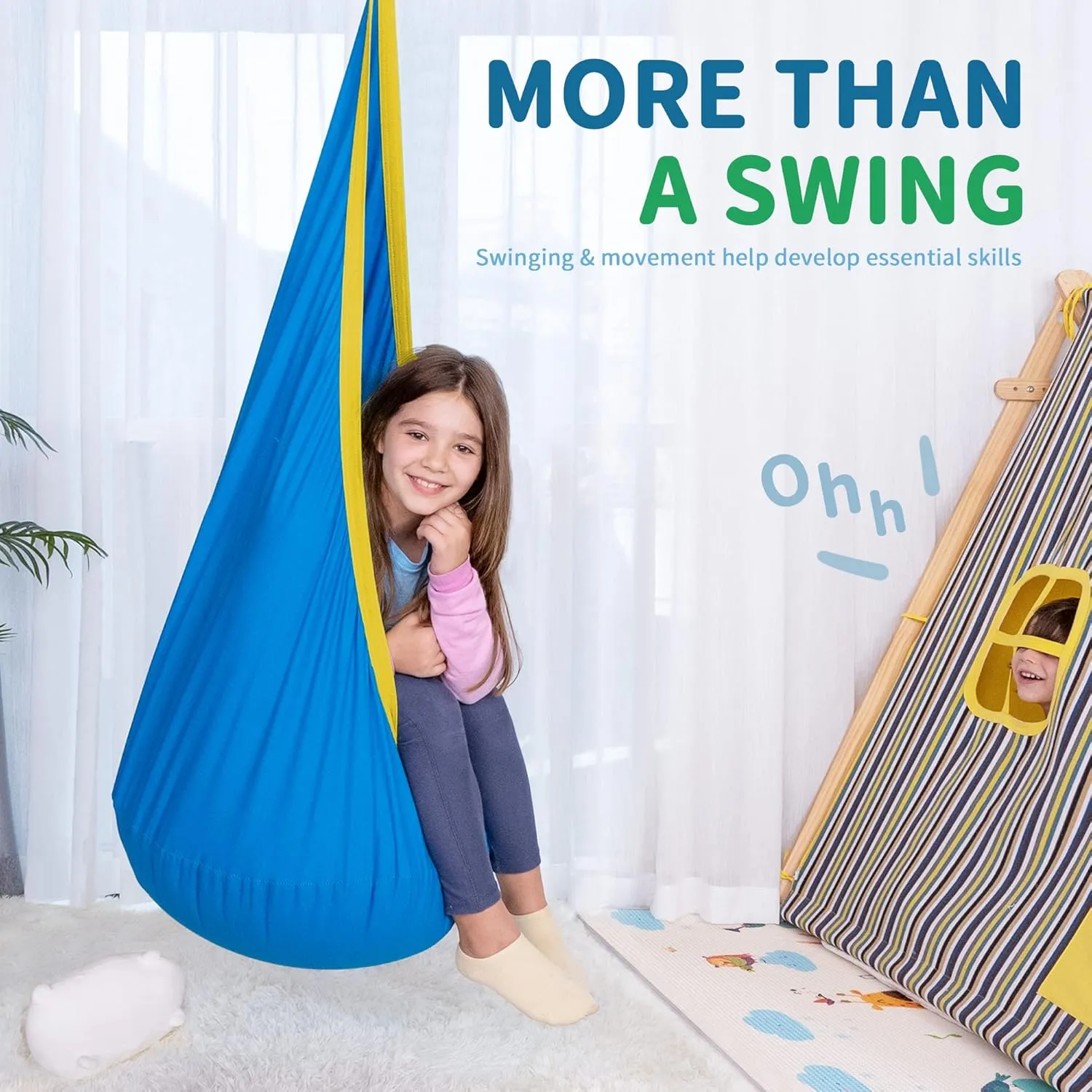 OUTREE Kids Pod Swing Seat, Cotton Child Hammock Swing Chair, Sensory Swing for Indoor and Outdoor Use,Blue and Yellow