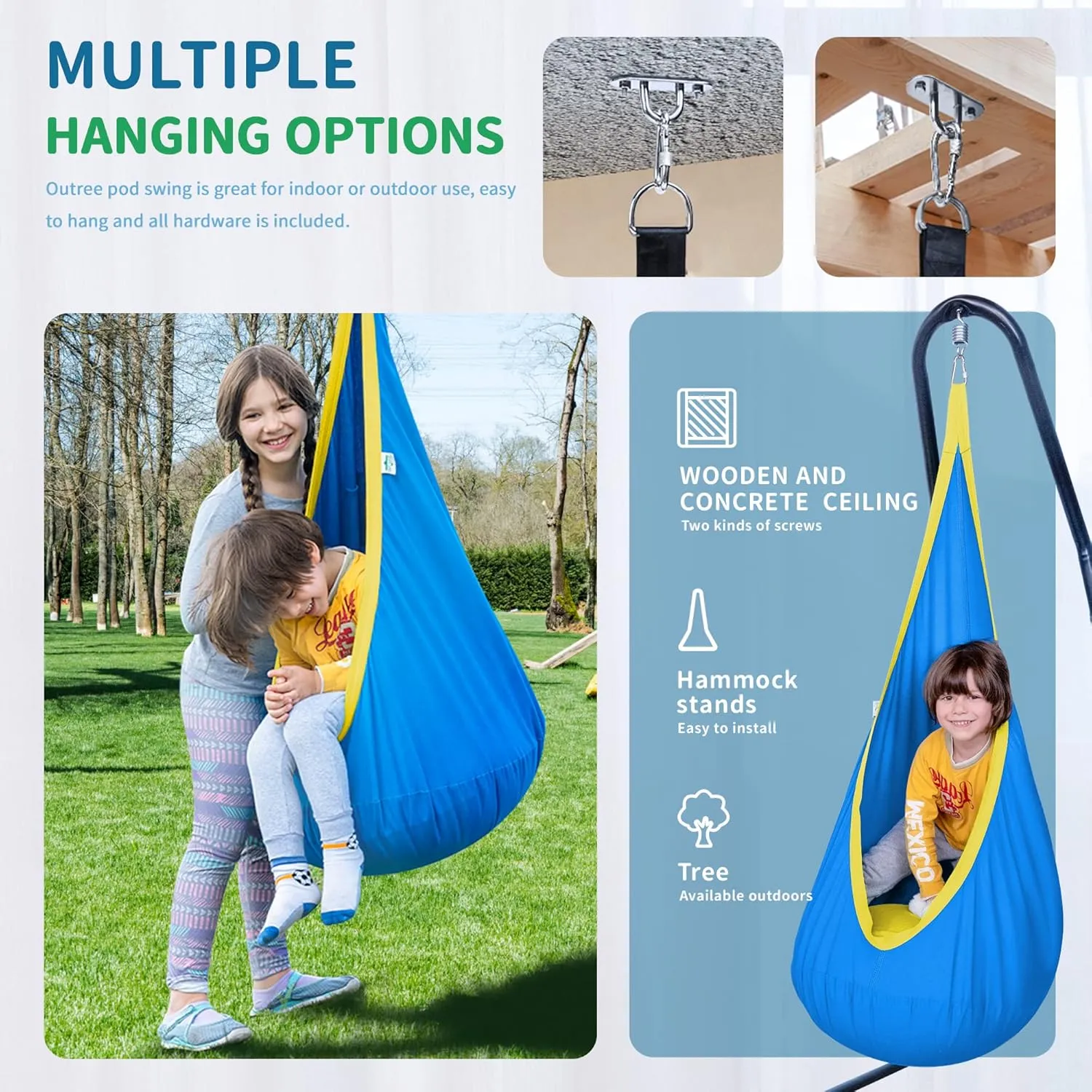 OUTREE Kids Pod Swing Seat, Cotton Child Hammock Swing Chair, Sensory Swing for Indoor and Outdoor Use,Blue and Yellow