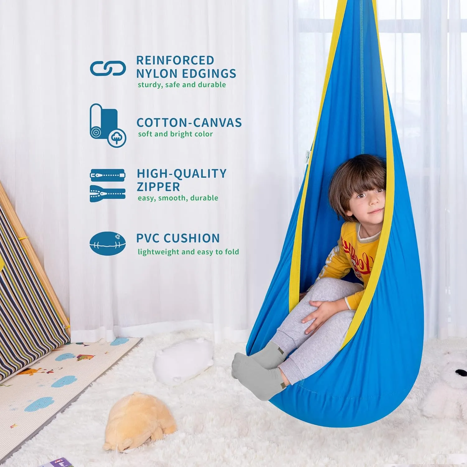 OUTREE Kids Pod Swing Seat, Cotton Child Hammock Swing Chair, Sensory Swing for Indoor and Outdoor Use,Blue and Yellow