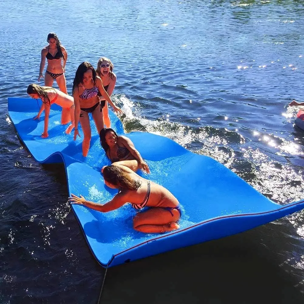 Outroad Floating Water Pad Mat, 3 Layers XPE Foam 9/12/18 Ft Lily Pad for Beach, Ocean, Lake, Roll-Up Floating Island for Water Recreation and Relaxing（Blue/Yellow）