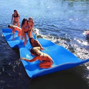 Outroad Floating Water Pad Mat, 3 Layers XPE Foam 9/12/18 Ft Lily Pad for Beach, Ocean, Lake, Roll-Up Floating Island for Water Recreation and Relaxing（Blue/Yellow）