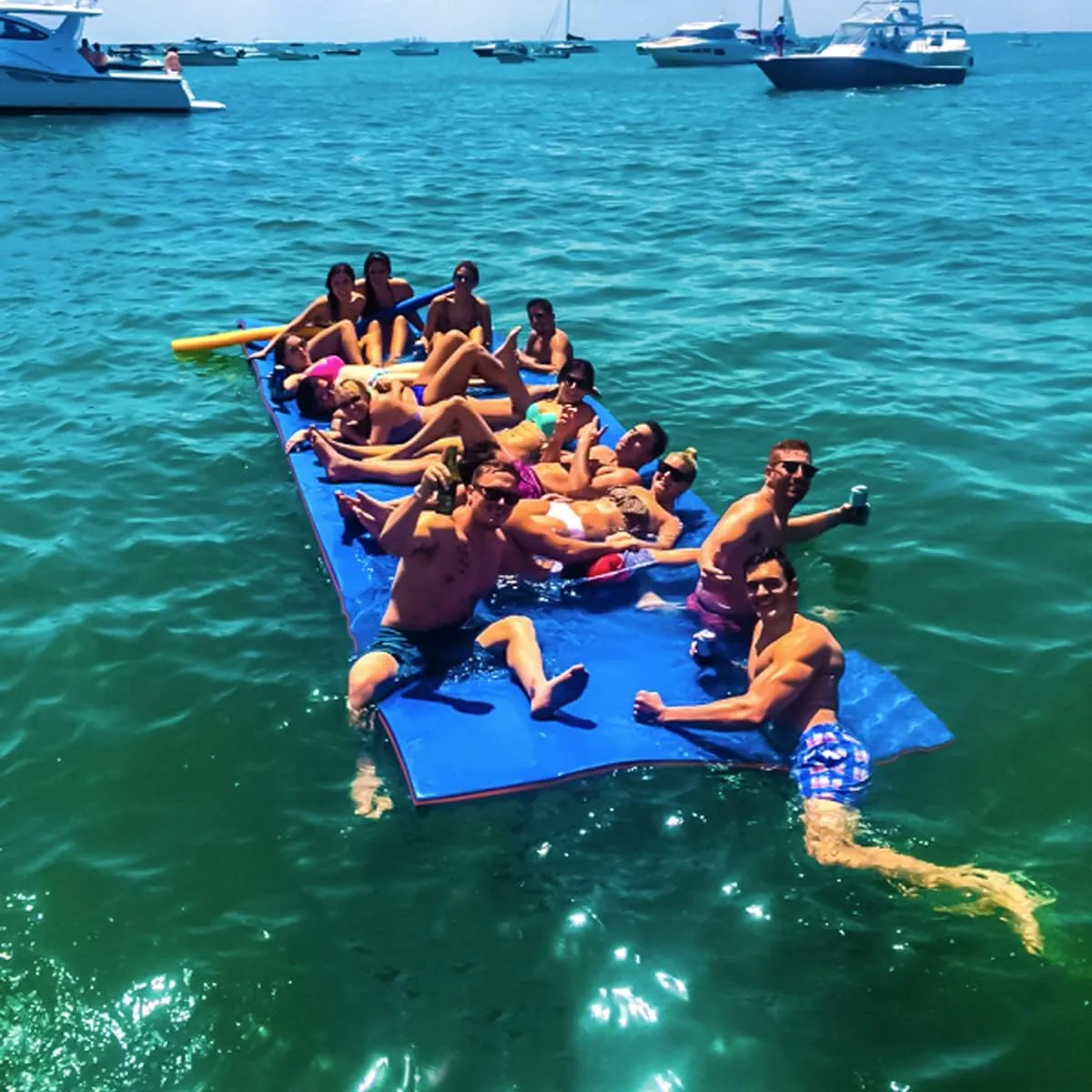 Outroad Floating Water Pad Mat, 3 Layers XPE Foam 9/12/18 Ft Lily Pad for Beach, Ocean, Lake, Roll-Up Floating Island for Water Recreation and Relaxing（Blue/Yellow）