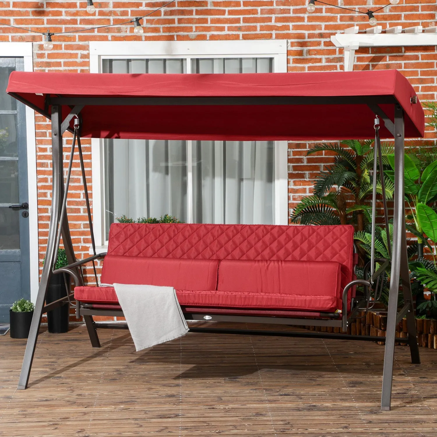 Outsunny 3 Person Porch Swing Bed With Adjustable Canopy Red|Outsunny Lit Balancoire De Porche Pour 3 Personnes Avec Auvent Reglable