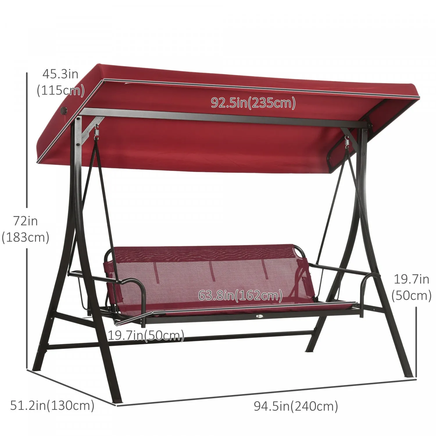 Outsunny 3 Person Porch Swing Bed With Adjustable Canopy Red|Outsunny Lit Balancoire De Porche Pour 3 Personnes Avec Auvent Reglable