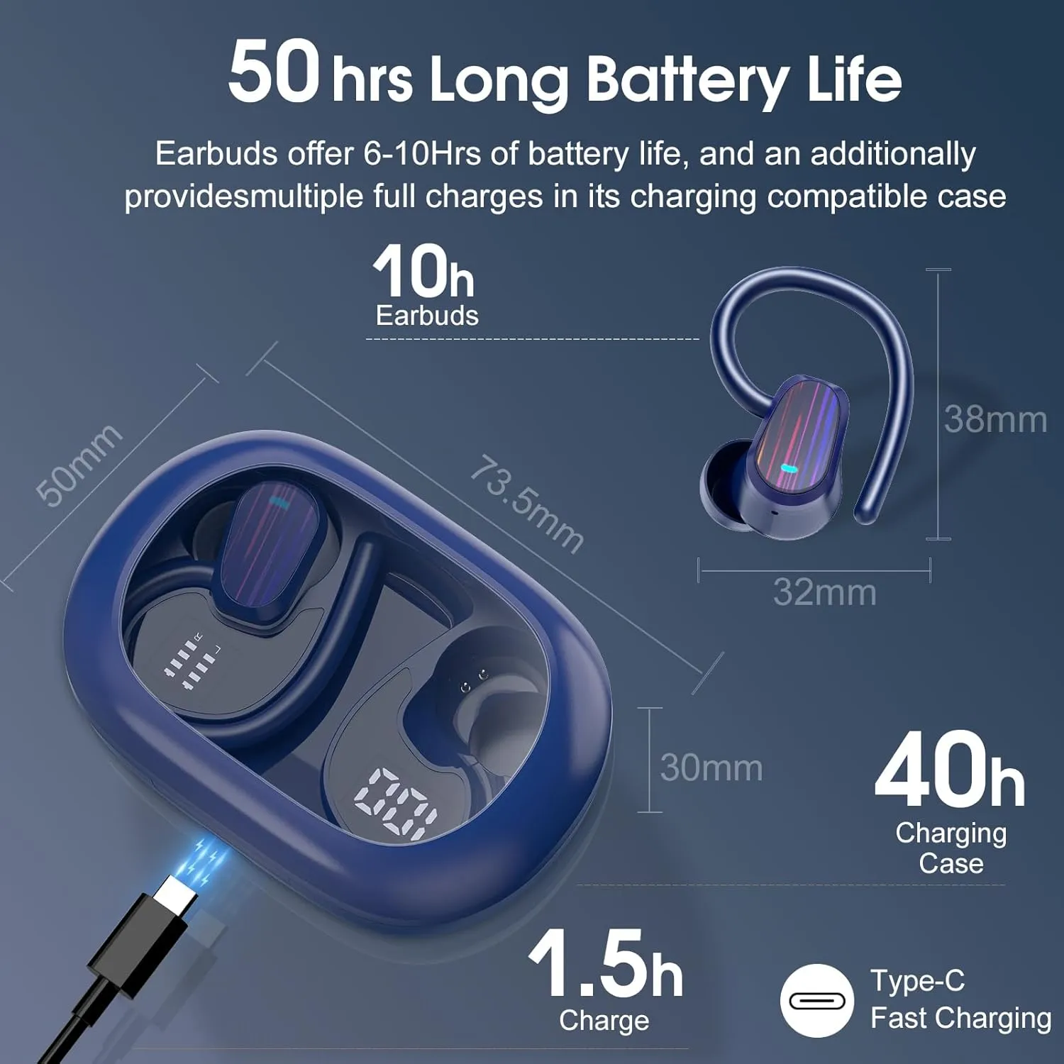 OYIB Wireless Earbuds Bluetooth 5.4 Headphones Sport, 50H Bluetooth Earbuds with Earhooks, Over Ear Bud Deep Bass with ENC Mic, IP7 Waterproof Wireless Earphone for Workout/Running, Dark Blue
