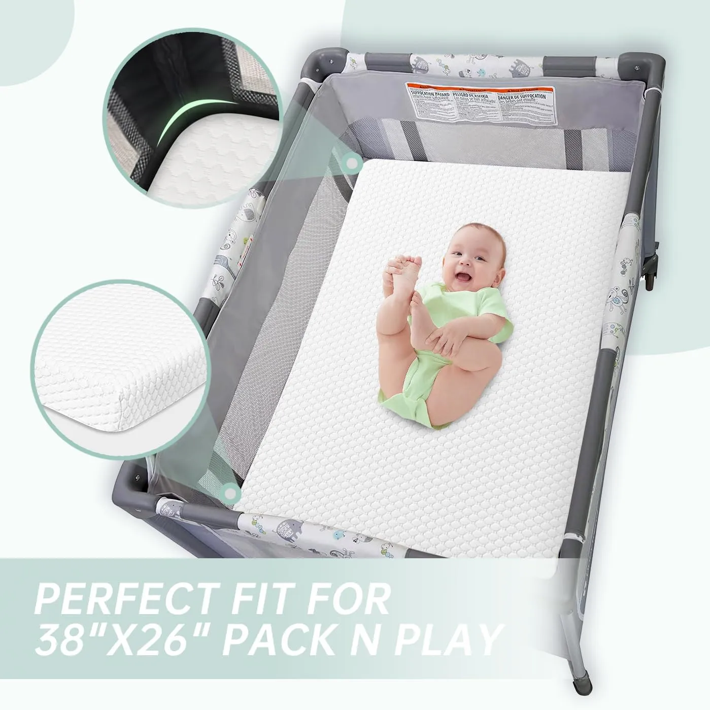 Pack and Play Mattress Pad, Dual-Sided Memory Foam Pack N Play Mattresses for Playpen, 38x26 Portable Crib Mattress for Pack n Play with Washable Removable Cover