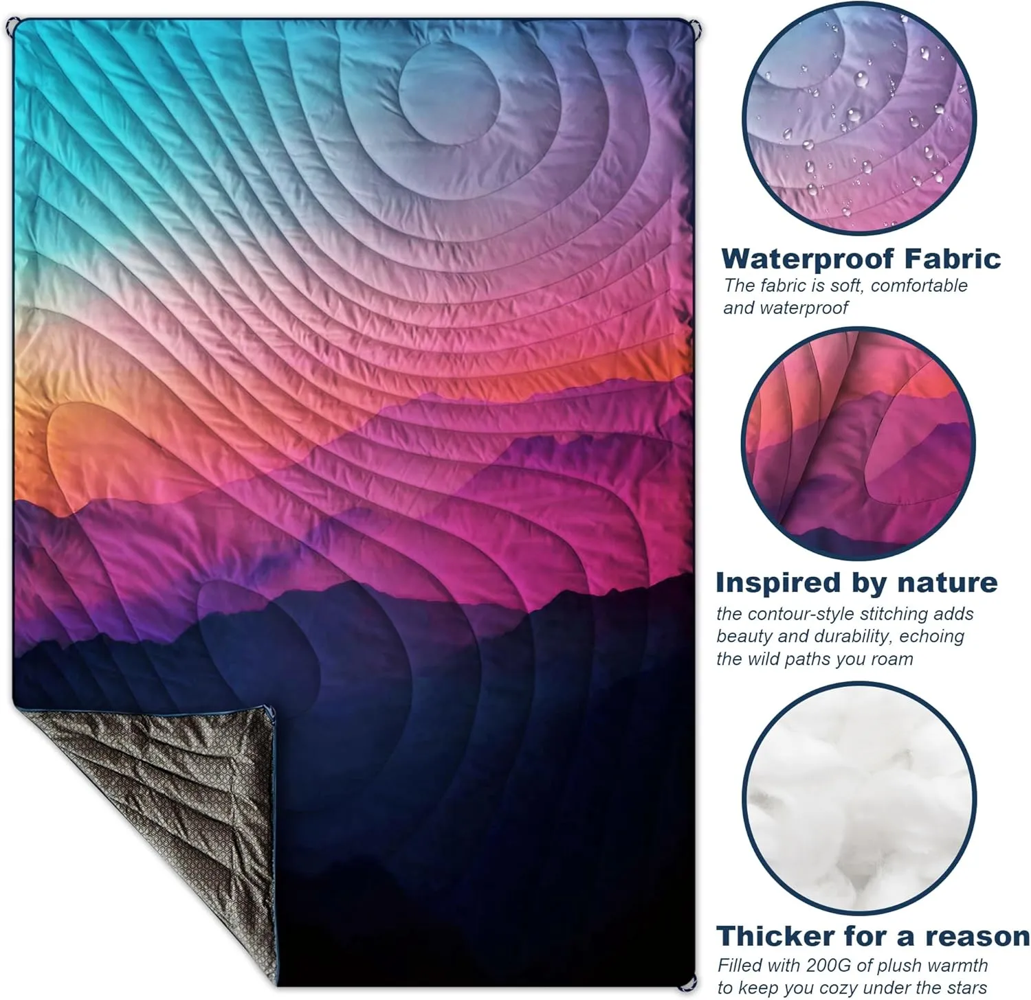 Packable Camping Blanket Puffy Lightweight Water Resistant Windproof Double Sided Gradual Sunset Includes Oversized Drawstring Backpack for Travel Concerts Outdoor Adventures