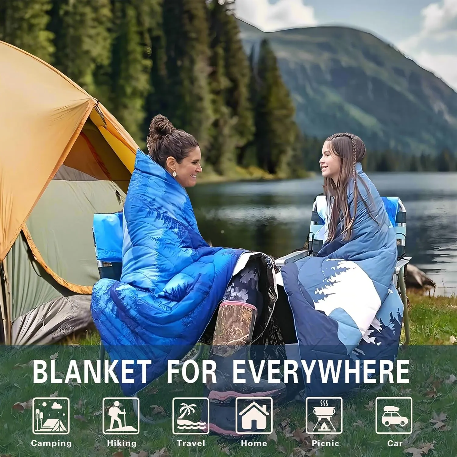 Packable Camping Blanket Puffy Lightweight Water Resistant Windproof Double Sided Gradual Sunset Includes Oversized Drawstring Backpack for Travel Concerts Outdoor Adventures