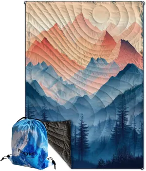 Packable Puffy Camping Blanket Dreamlike Mountains Lightweight Water Resistant Windproof Microfiber Insulation Includes Oversized Drawstring Backpack for Travel Concerts Outdoor Use