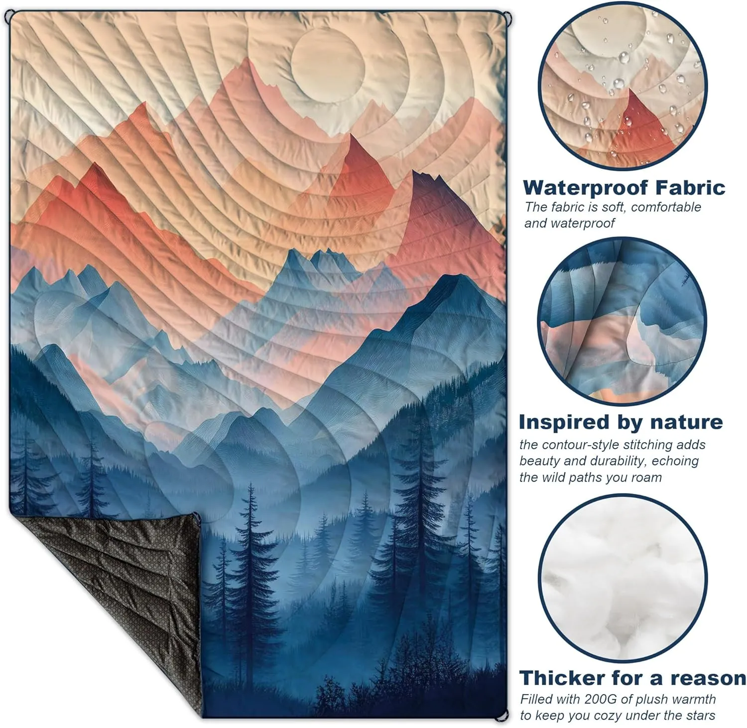 Packable Puffy Camping Blanket Dreamlike Mountains Lightweight Water Resistant Windproof Microfiber Insulation Includes Oversized Drawstring Backpack for Travel Concerts Outdoor Use