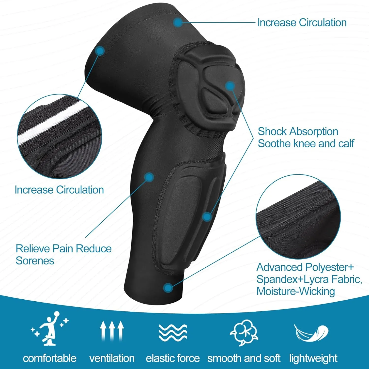 Padded Knee Calf Pads Compression Leg Sleeve Thigh Protector Gear Shin Brace for Football Basketball Volleyball Soccer Baseball for Adult (1 Pair)