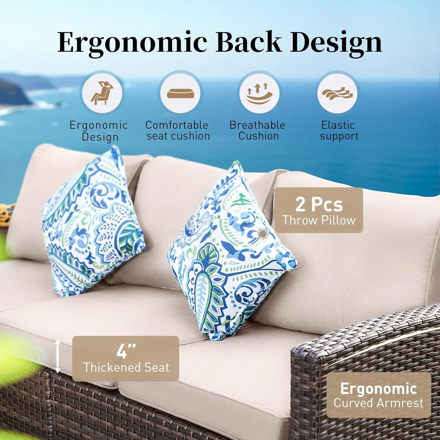Patio Furniture Set Outdoor Furniture Brown Wicker Rattan Patio Conversation Sets with Cushion Outside Sofa Set,7 Pieces with Rectangular Firepit Table,9 Seats,Beige