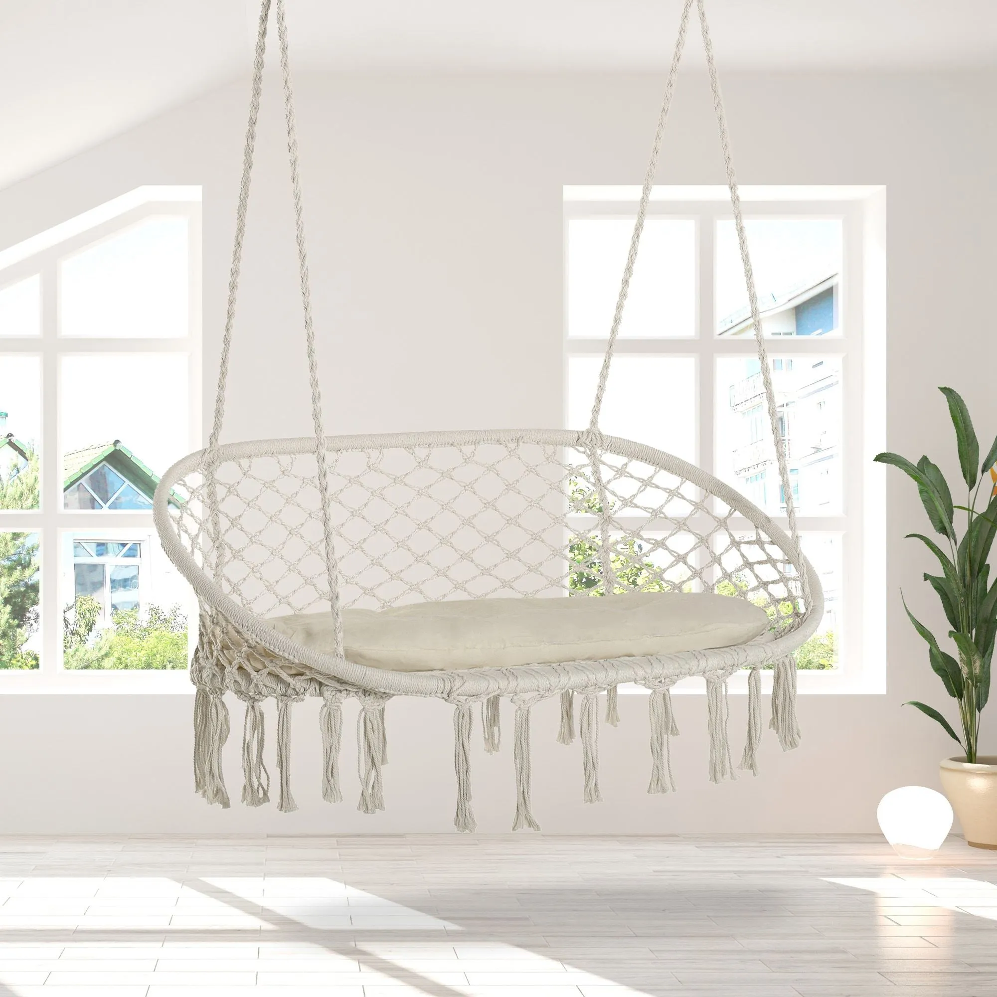 Patio Hammock Chair 2 Seat, Hanging Rope Hammock Swing Chair with Metal Frame and Cushion for Indoor and Outdoor 396 lbs