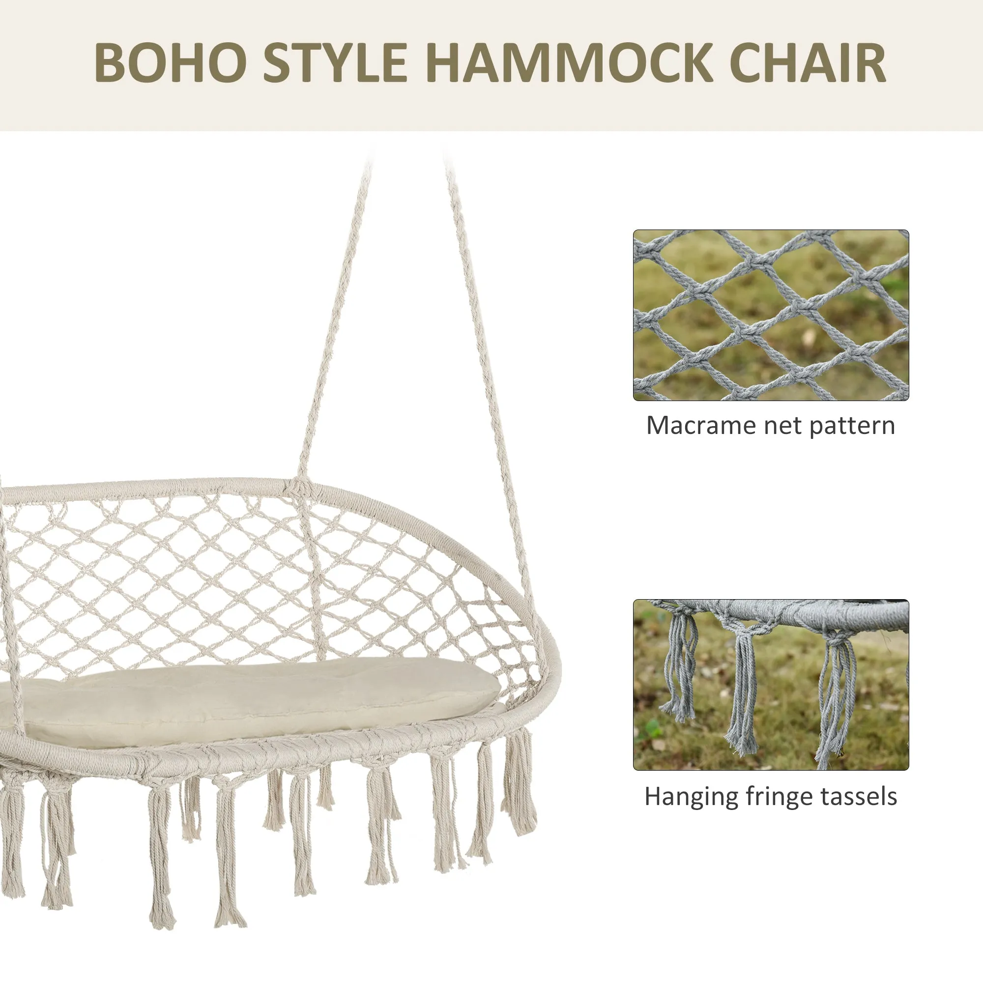 Patio Hammock Chair 2 Seat, Hanging Rope Hammock Swing Chair with Metal Frame and Cushion for Indoor and Outdoor 396 lbs