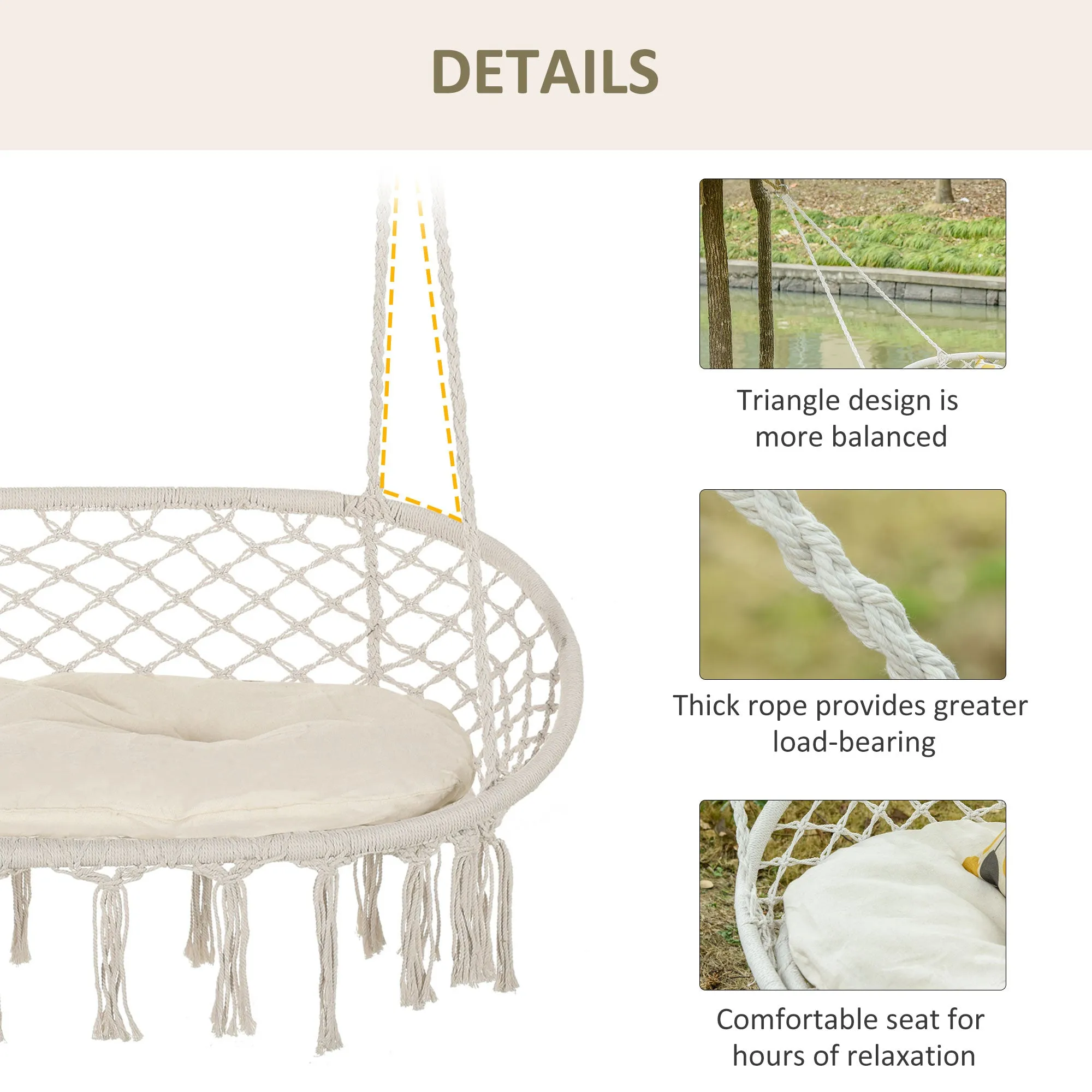 Patio Hammock Chair 2 Seat, Hanging Rope Hammock Swing Chair with Metal Frame and Cushion for Indoor and Outdoor 396 lbs