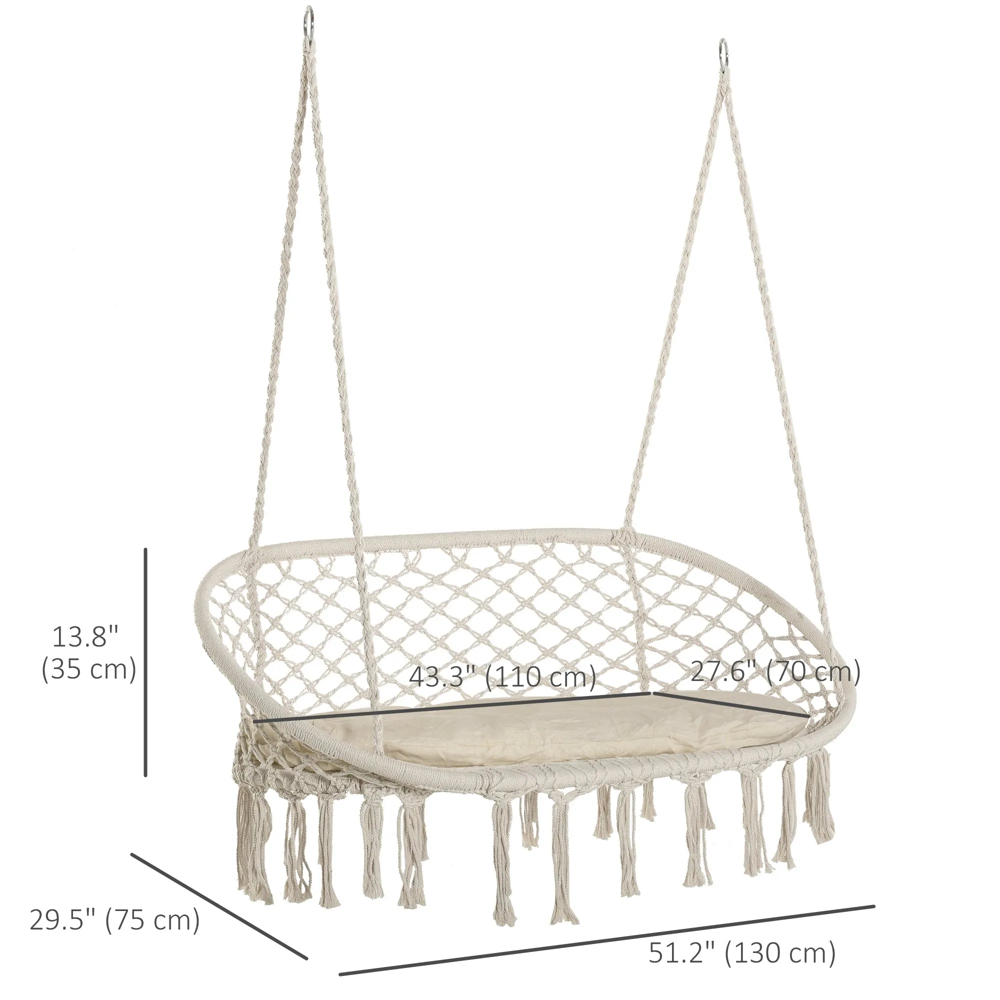 Patio Hammock Chair 2 Seat, Hanging Rope Hammock Swing Chair with Metal Frame and Cushion for Indoor and Outdoor 396 lbs