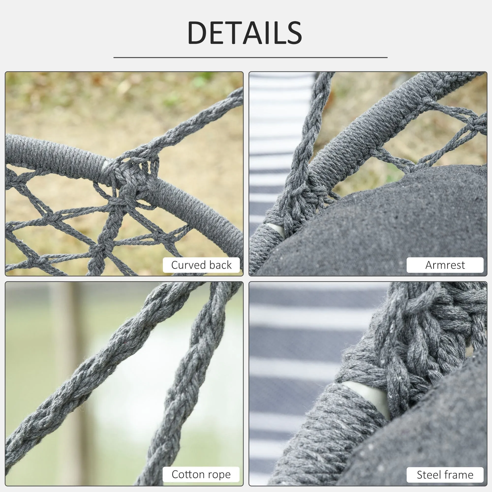 Patio Hammock Chair 2 Seat, Hanging Rope Hammock Swing Chair with Metal Frame and Cushion, Large Macrame Seat for Indoor and Outdoor 396 lbs Capacity, Dark Grey