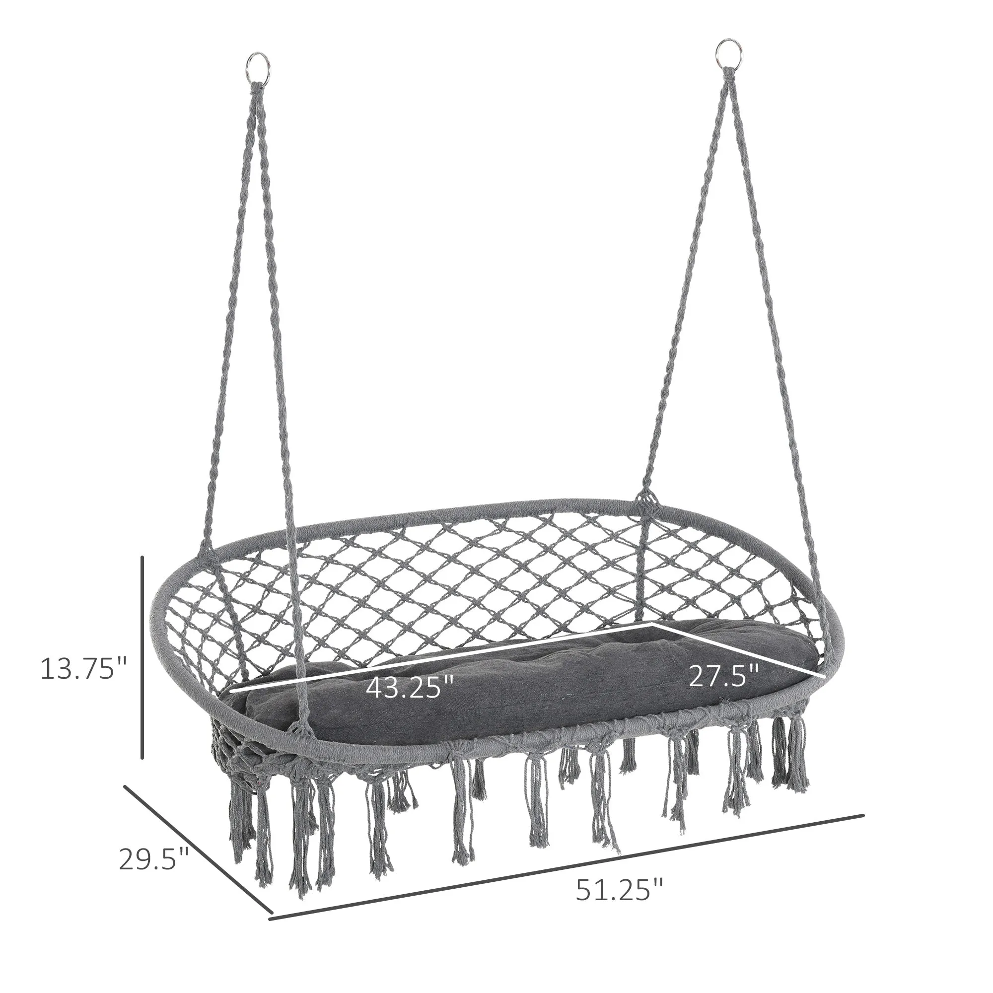 Patio Hammock Chair 2 Seat, Hanging Rope Hammock Swing Chair with Metal Frame and Cushion, Large Macrame Seat for Indoor and Outdoor 396 lbs Capacity, Dark Grey