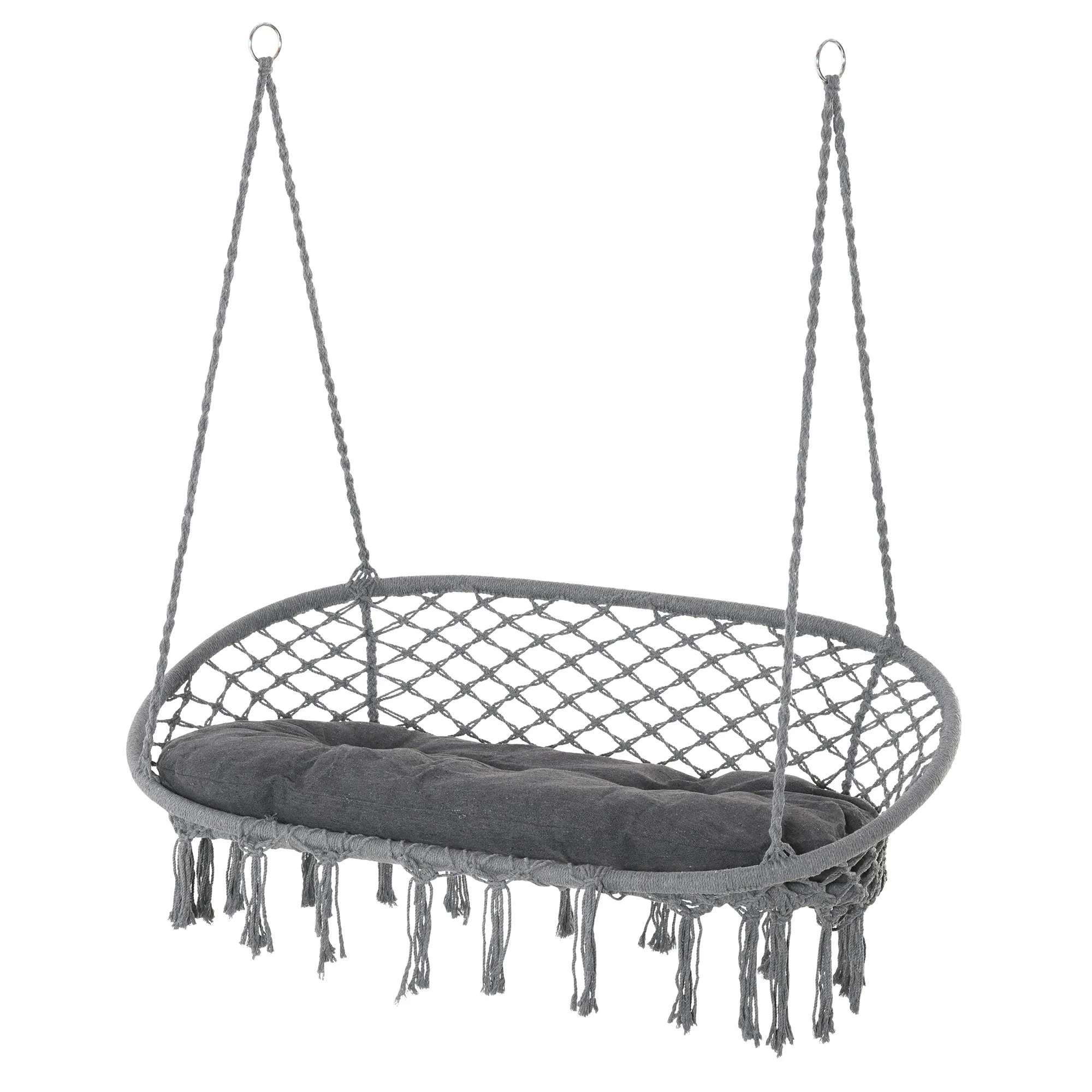 Patio Hammock Chair 2 Seat, Hanging Rope Hammock Swing Chair with Metal Frame and Cushion, Large Macrame Seat for Indoor and Outdoor 396 lbs Capacity, Dark Grey