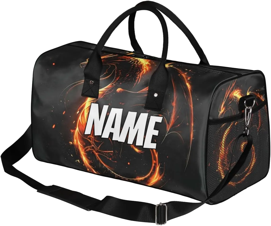 Personalized Fire Dragon Travel Duffel Bag with Name, Custom Gym Sport Bag Fantasy Animal Carry On Weekend Overnight Duffel Bag for Men Women