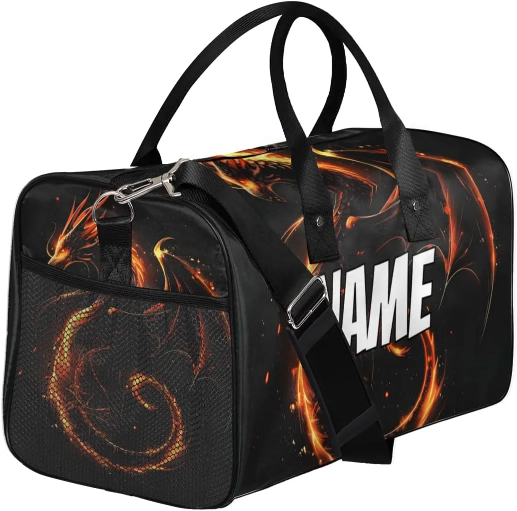 Personalized Fire Dragon Travel Duffel Bag with Name, Custom Gym Sport Bag Fantasy Animal Carry On Weekend Overnight Duffel Bag for Men Women