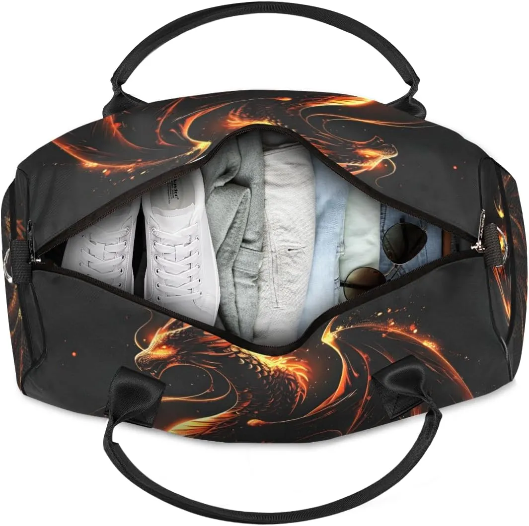 Personalized Fire Dragon Travel Duffel Bag with Name, Custom Gym Sport Bag Fantasy Animal Carry On Weekend Overnight Duffel Bag for Men Women