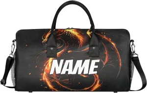 Personalized Fire Dragon Travel Duffel Bag with Name, Custom Gym Sport Bag Fantasy Animal Carry On Weekend Overnight Duffel Bag for Men Women