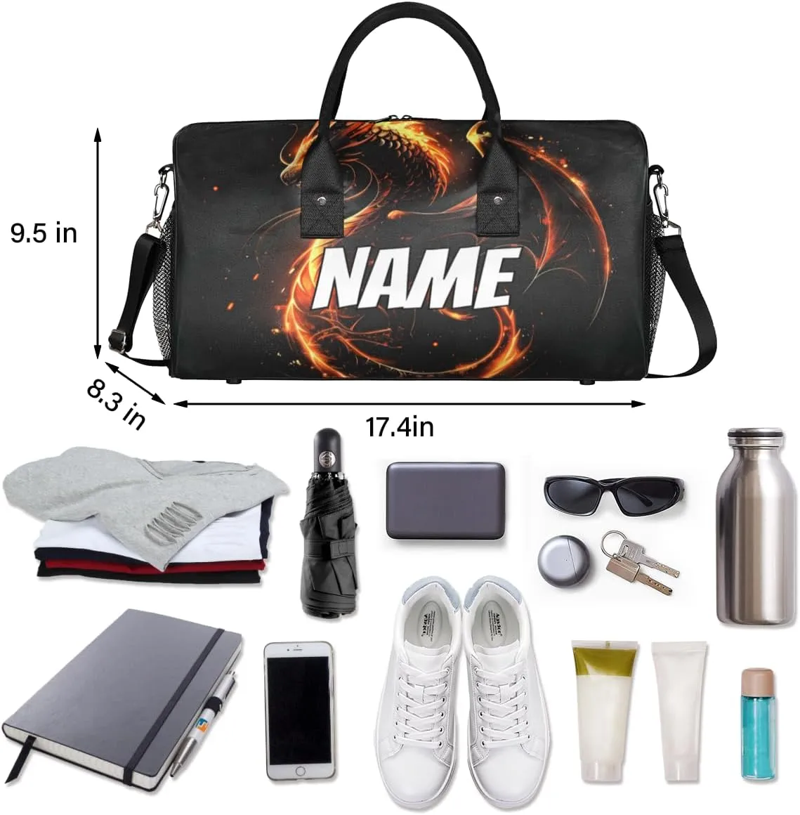 Personalized Fire Dragon Travel Duffel Bag with Name, Custom Gym Sport Bag Fantasy Animal Carry On Weekend Overnight Duffel Bag for Men Women