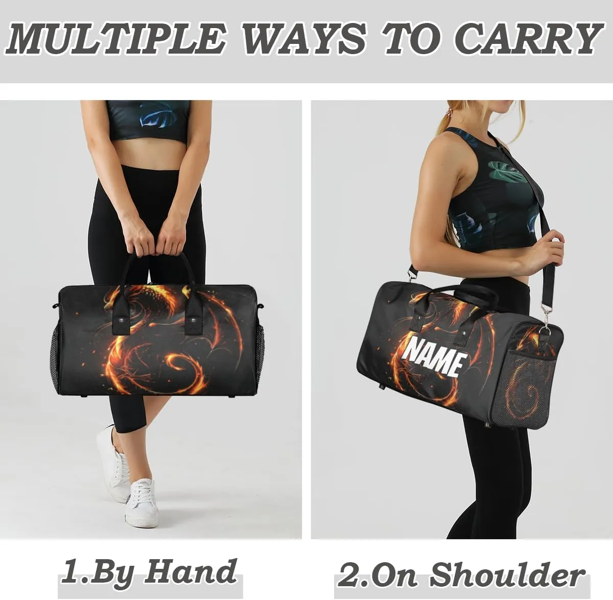 Personalized Fire Dragon Travel Duffel Bag with Name, Custom Gym Sport Bag Fantasy Animal Carry On Weekend Overnight Duffel Bag for Men Women