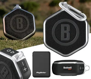 PlayBetter Bushnell Wingman Mini (Silver/Black) Magnetic GPS Golf Speaker Bundle Portable Charger - Music & Audible Distances Bluetooth Speaker for Golf Cart - 36,000  Courses