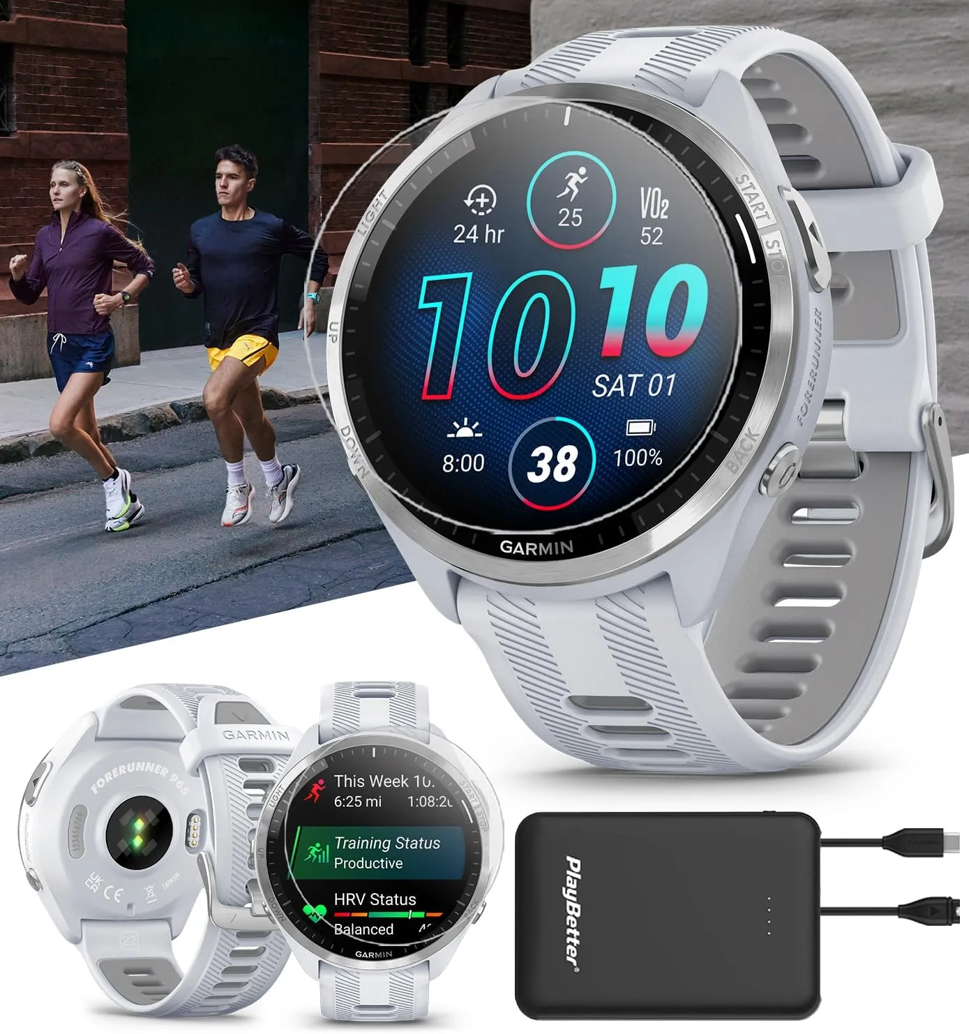 PlayBetter Garmin Forerunner 965 (Whitestone/Gray) Running & Triathlon GPS Smartwatch Bundle - Bright AMOLED Display, Lightweight, 31-Hour Battery - Includes Screen Protectors & Portable Charger