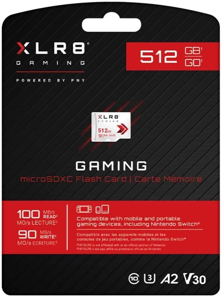 PNY 512GB XLR8 Gaming microSDXC Memory Card - 100MB/s, UHS-I, 4K UHD, Full HD, U3, V30, A2 - Micro SD for Portable Console Gaming on Nintendo-Switch, Steam Deck, Smartphones and Tablets