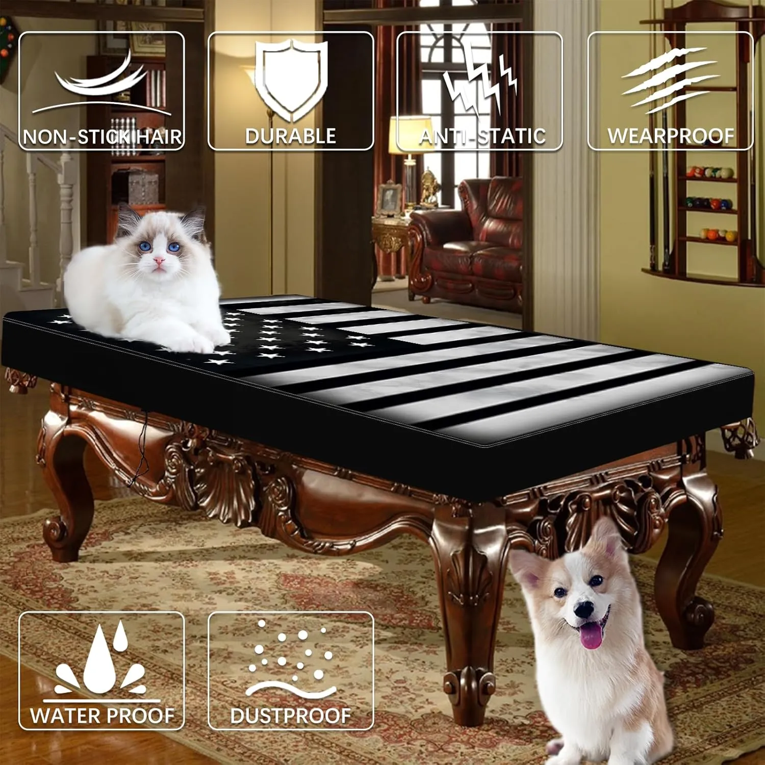 Pool Table Cover, Waterproof & Dustproof Outdoor/Indoor Polyester Taffeta Cloth Table Cover，Billiard Pool Table Cover Scratch-Resistant (8ft)