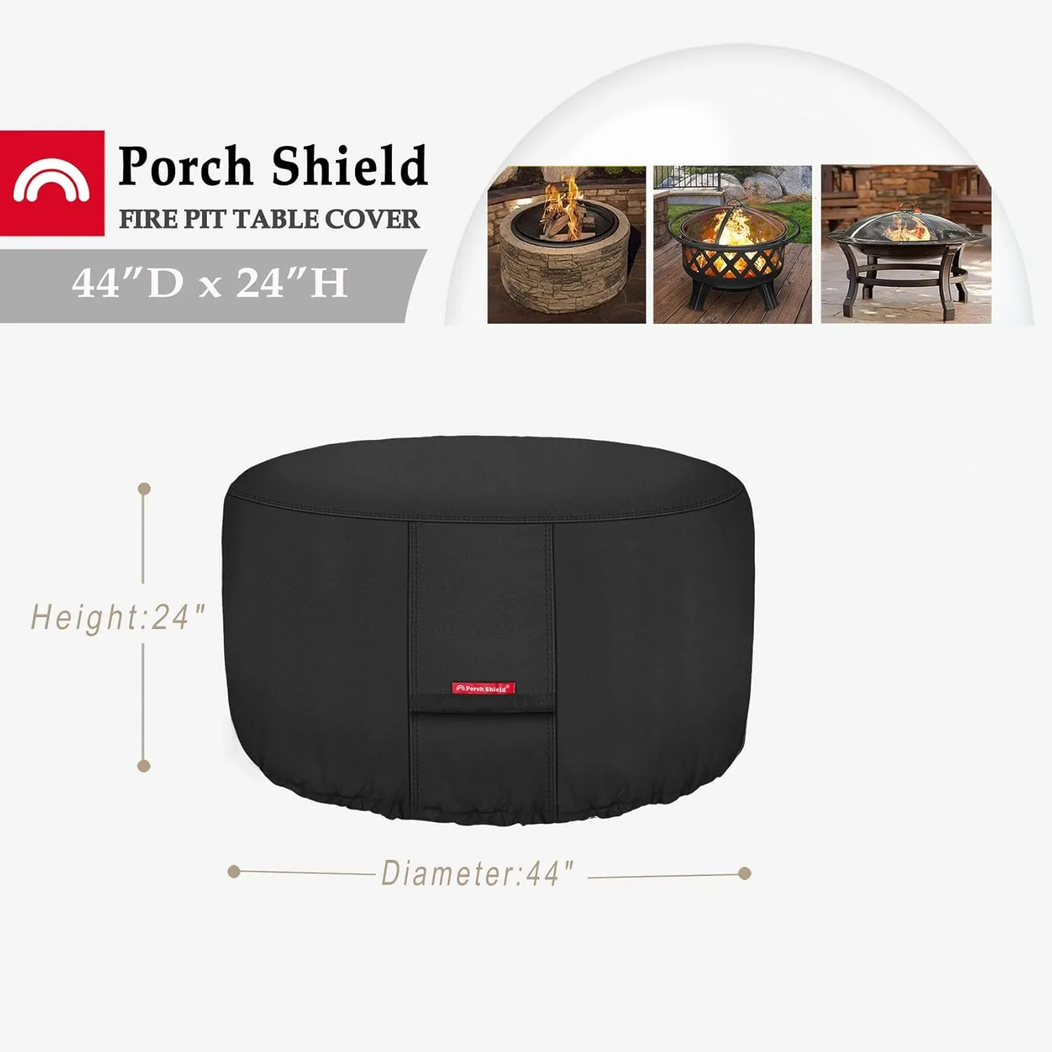 Porch Shield Fire Pit Cover - Waterproof 600D Heavy Duty Fade Resistant Round Patio Fire Bowl Cover Black - 44 inch